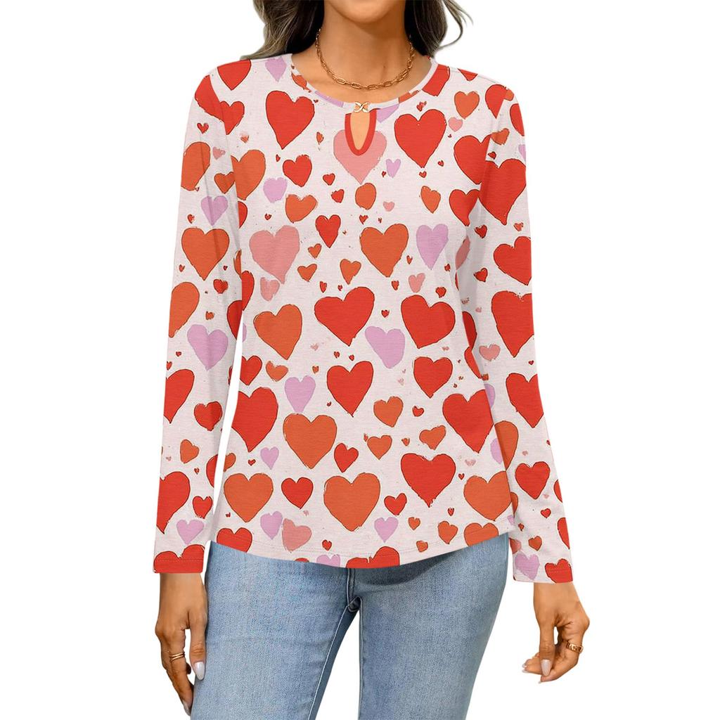 Women's Casual Round Neck Hollow,out Pullover Long Sleeve Valentine's Day Heart Print T,shirt Top