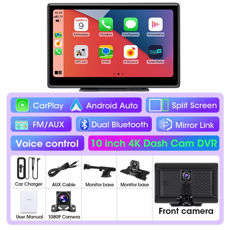 10 Inch 4K Dash Cam Car DVR Wireless Carplay & Android Auto GPS Navigation Video Recorder AUX Dashboard Camera Monitor BT 5G