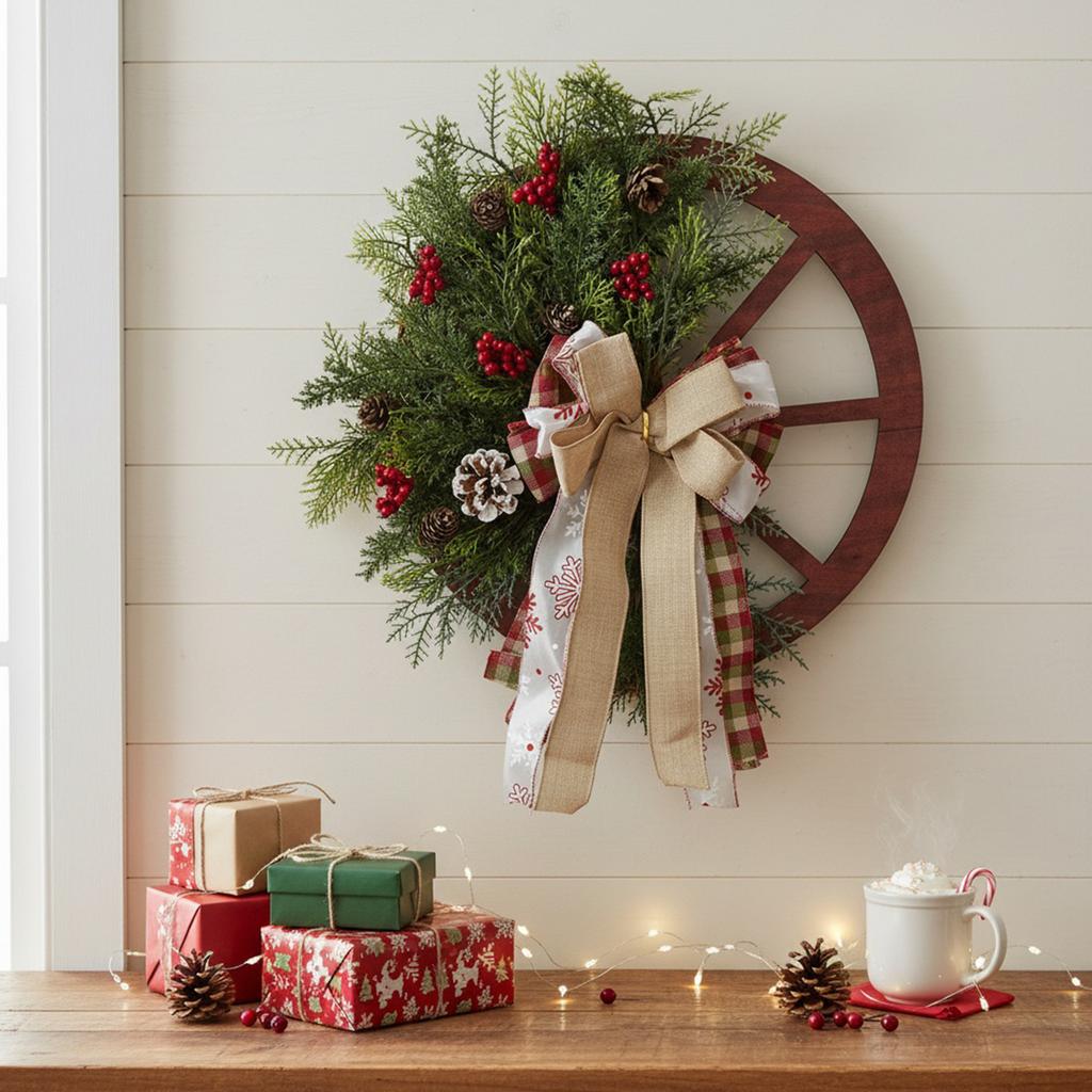 Outdoor Yard Decoration Set 40x45cm Christmas Swag Wreath Vintage Wood Fall Garland Red Wagon Wheel Garlands for Holiday Party