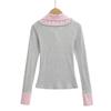 Women's College-Style Faux Two-Piece Striped Patchwork Slimming Long-Sleeve Lapel T-Shirt, Autumn/Winter Korean Style.
