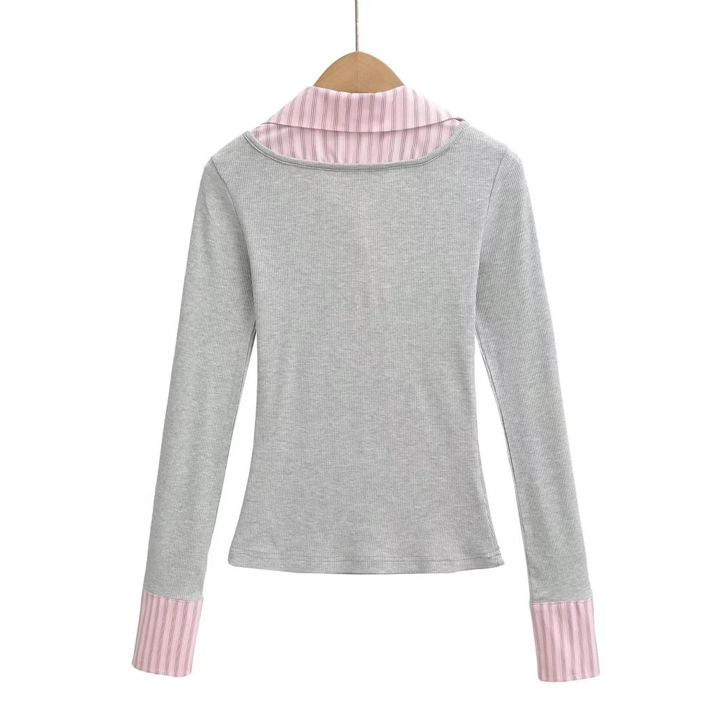 Women's College-Style Faux Two-Piece Striped Patchwork Slimming Long-Sleeve Lapel T-Shirt, Autumn/Winter Korean Style.