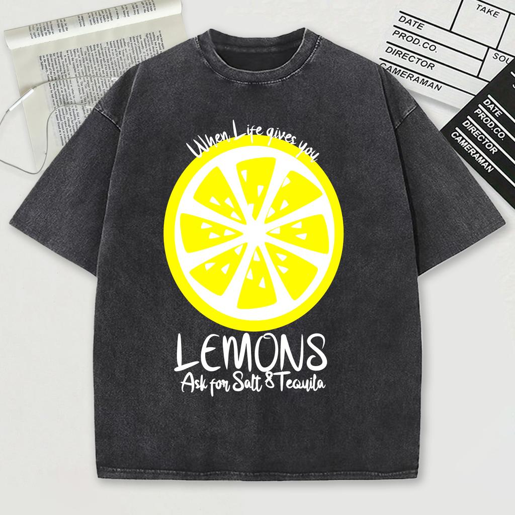 When Life Give You Lemons Pattern Washed Men T Shirt Summer Trendy Tee Shirts Soft Cotton O-Neck Short Unisex Loose Top