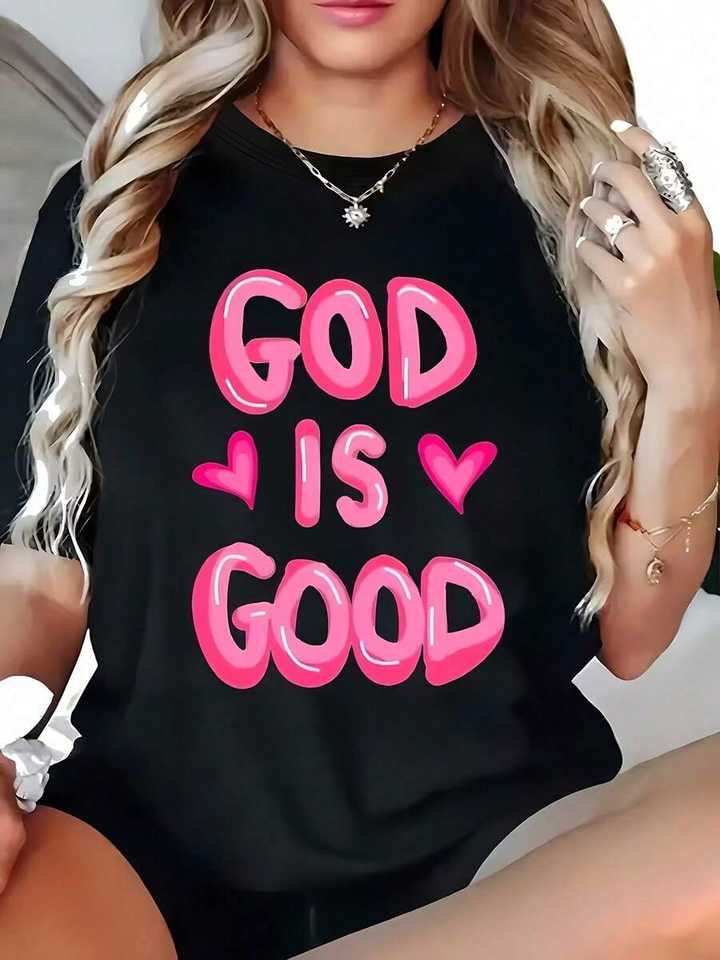 GOD IS GOOD Faith Inspirational Quote Graphic Tee Women Soft Stretch Crew Neck Pink Purple Heart Print Casual Machine Washable Everyday Top