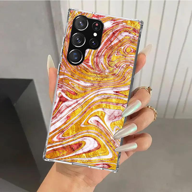 Fashion Gold Pink Geometric Marble Phone Case for Samsung Galaxy S26 S24 S23 Ultra S25 Edge S22 S21 Plus S20 FE + Soft Print She