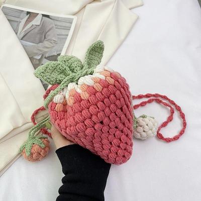 Bolsa Transversal Novidade em Forma de Morango Tricotada à Mão DIY Personalizada Crochê Lã Pequena Bolsa Satchel Desenho Animado Fofa Bolsa de Ombro Sling MIT