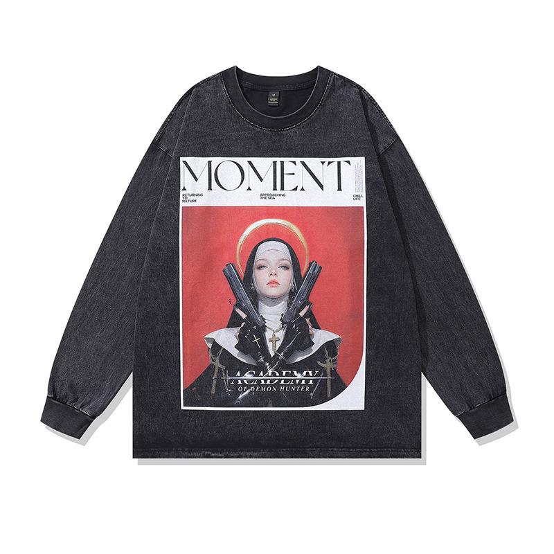 American Street Trend T-Shirt Hip Hop Spoof Printed Thin Sweater Washed Retro Trend Brand Long Sleeve T-Shirt Men And Women