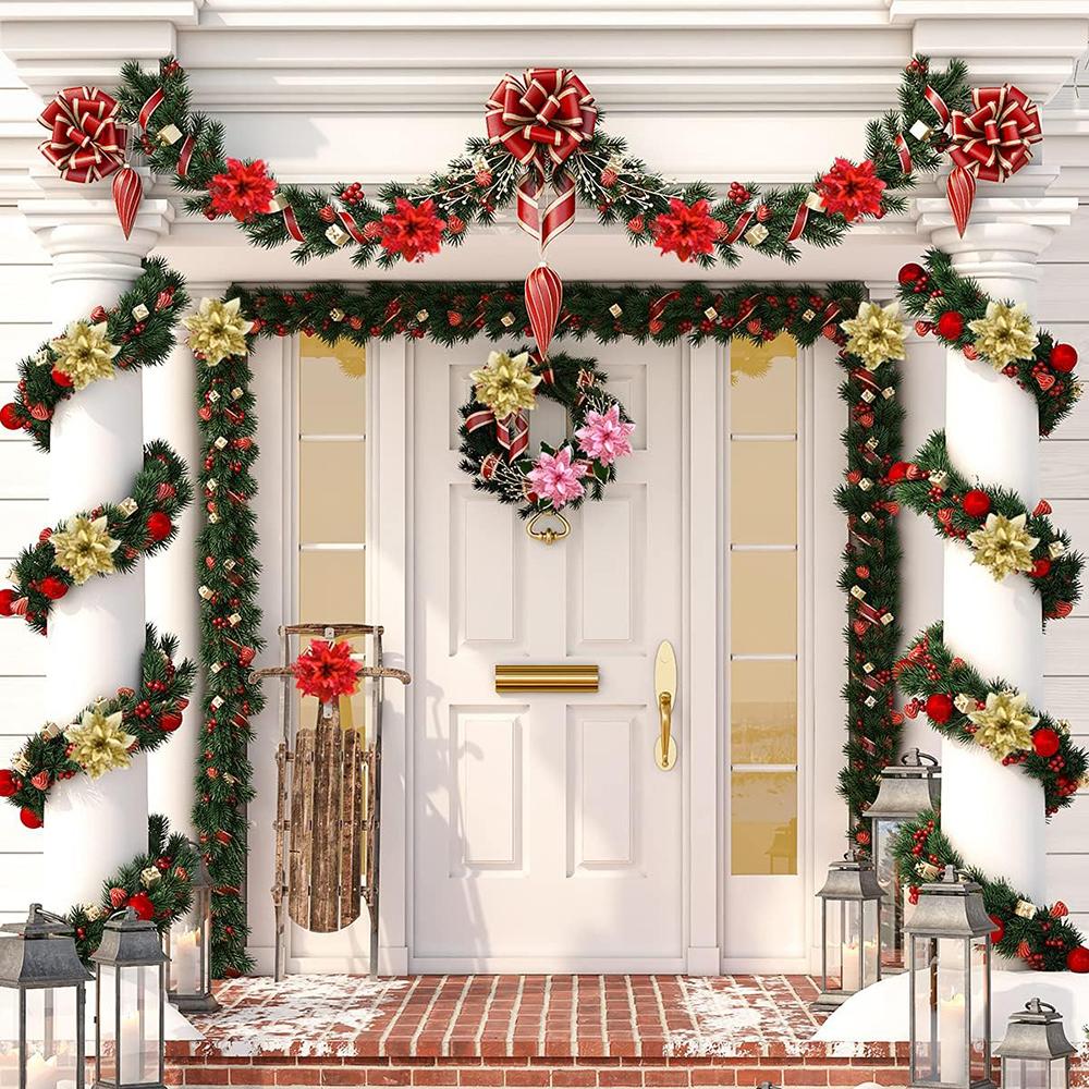 5/10pcs Gold Christmas Flower Ornaments Xmas Tree Decoration Red Gold Glitter Artificial Flowers Christmas Party Decor Wedding