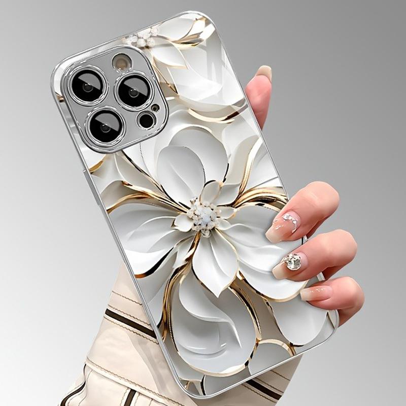 Oil Painting White Flowers Tempered Glass Electroplated Phone Case For iPhone 17 16 15 14 13 12 11 Pro Max Plus 16E 17 Air Cover