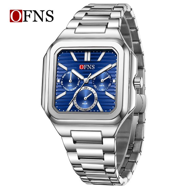 OFNS Six-Hand Men's Square Quartz Watch: Luminous, Day-Date, 30M Waterproof, Silicone Steel Band, Hot Seller