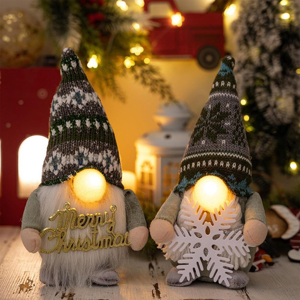 Lighted Christmas Gnomes Plush Decorations With LED Nose Light Up Christmas Gnomes Dwarf Figurines Holding Snowflakes & Merry Christmas Sign 10in