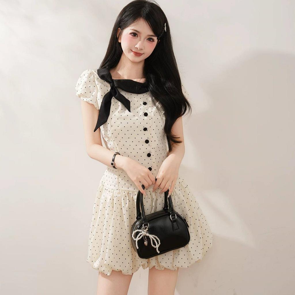 Thousand Gold Wind Bow Polka Dot Dress Women's Summer Retro Small Man Waist and Thin Temperament Fluffy Short Skirt