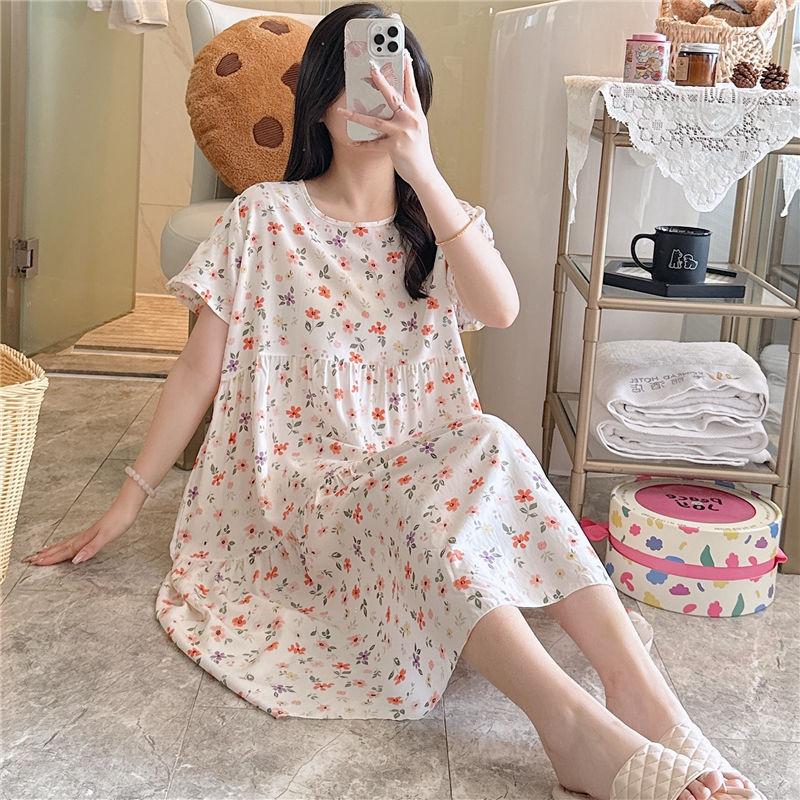 Cotton and Silk Nightgown Women's Summer Short-sleeved Large-size High-end Printed Maternity Pajamas Can Be Worn Outside Long Loungewear