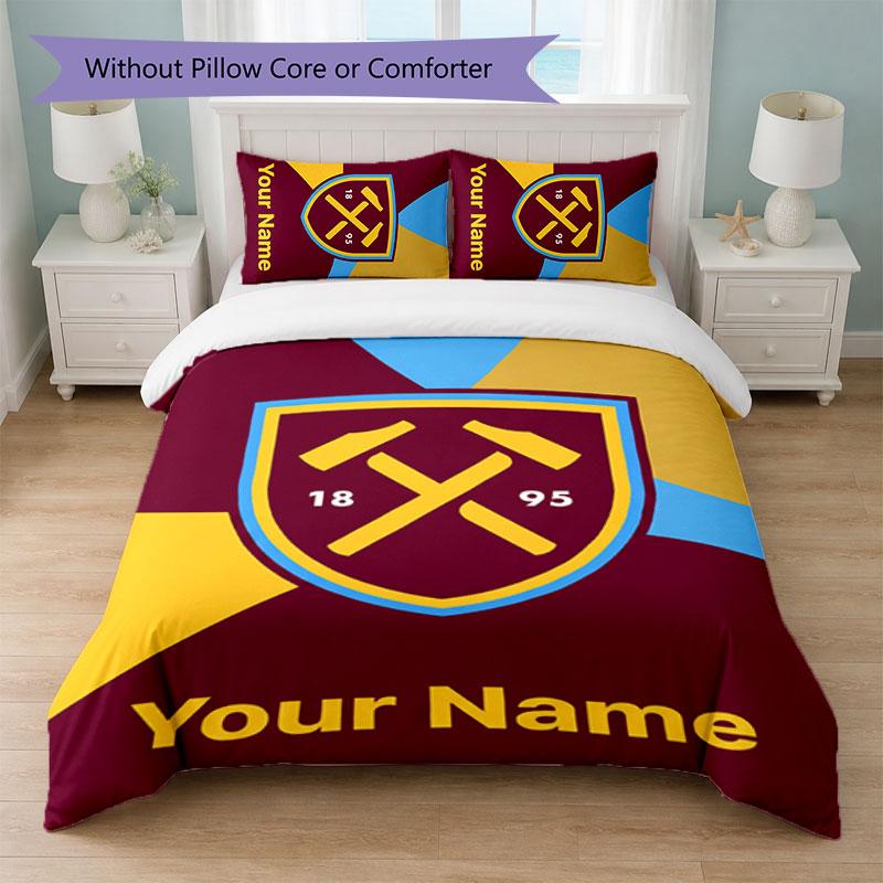 West Ham United FC Individuelles Namens-Text-Bettwäscheset 1 Bettbezug+2 Kissenbezüge Fußball-Logo Personalisierte Geschenkidee für besondere Anlässe Schlafzimmerdekoration