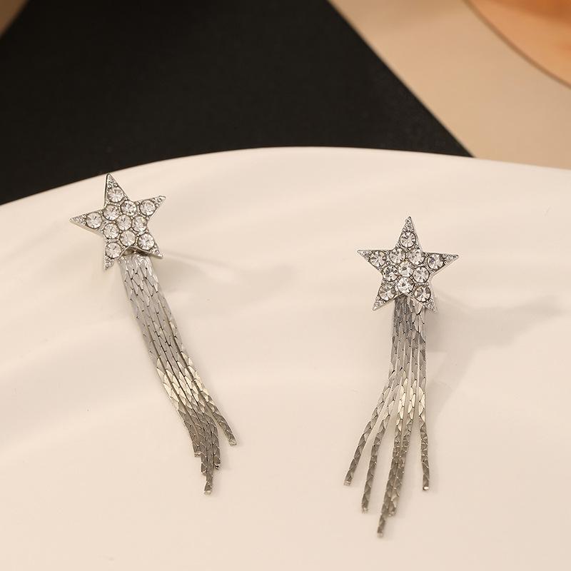 Exquisite Light Luxury Diamond-Encrusted Five-Pointed Star Mosquito Coil Disc Ear Clips, High-End Long Tassel Earrings For Women Without Ear Piercings