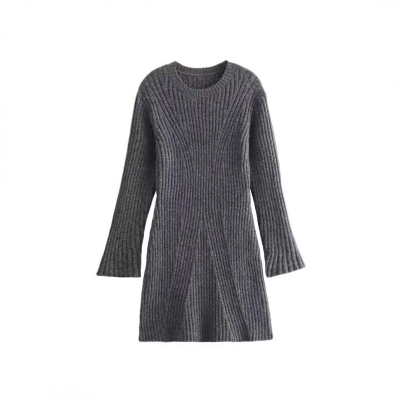 Dámské elegantní jednobarevné pletené šaty Slim Fit s dlouhým rukávem a kulatým výstřihem, áčková sukně