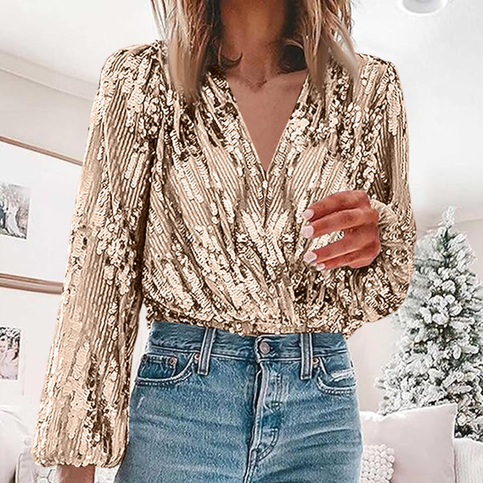 

Женский топ с V-образным вырезом и длинными рукавами для вечеринки, сверкающие топы с пайетками L золотой