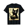 European Sizes Men's Kawaii Anime Cat & Ramen Graphic T-Shirt - Japanese-Inspired Funny Design, Black Casual Loose Fit Tee, Soft Breathable Fabric