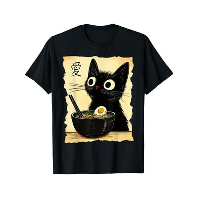 Europäische Größen Herren Kawaii Anime Katze & Ramen Grafik T-Shirt - Japanisch inspiriertes lustiges Design, Schwarzes lässiges lockeres T-Shirt, Weicher atmungsaktiver Stoff