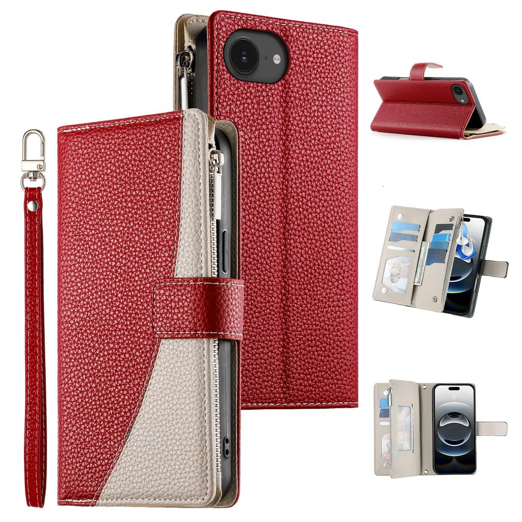 For iPhone 16e Case Zipper Pocket Wallet Color Splicing Leather Flip Phone Cover with Straps