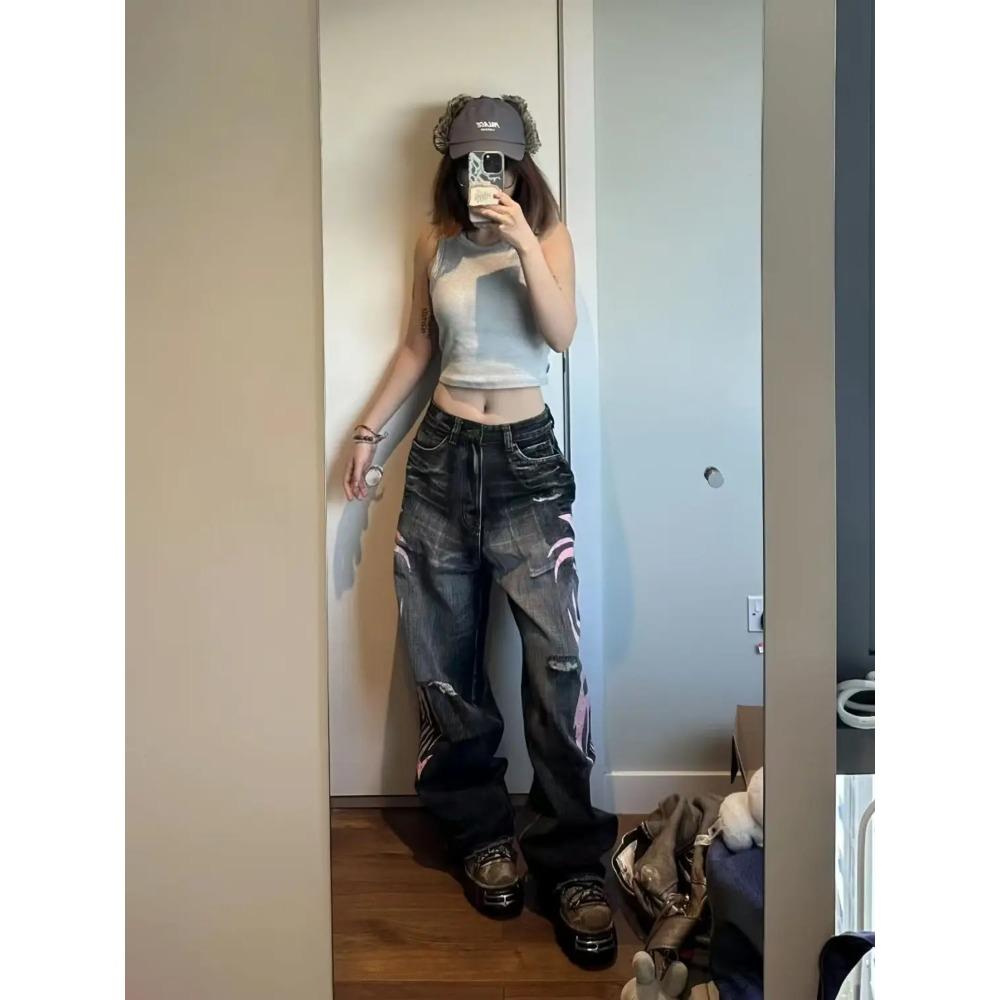 Y2K American Vintage Mottled Totem Print Baggy Jeans Women's High Waist Wide Leg Jeans Women's Harajuku Trendy Hip-hop Jeans