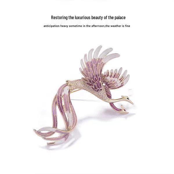 

Elegant Phoenix Brooch with Rhinestones and Enamel - Colorful Long-tailed Pin Accessory
