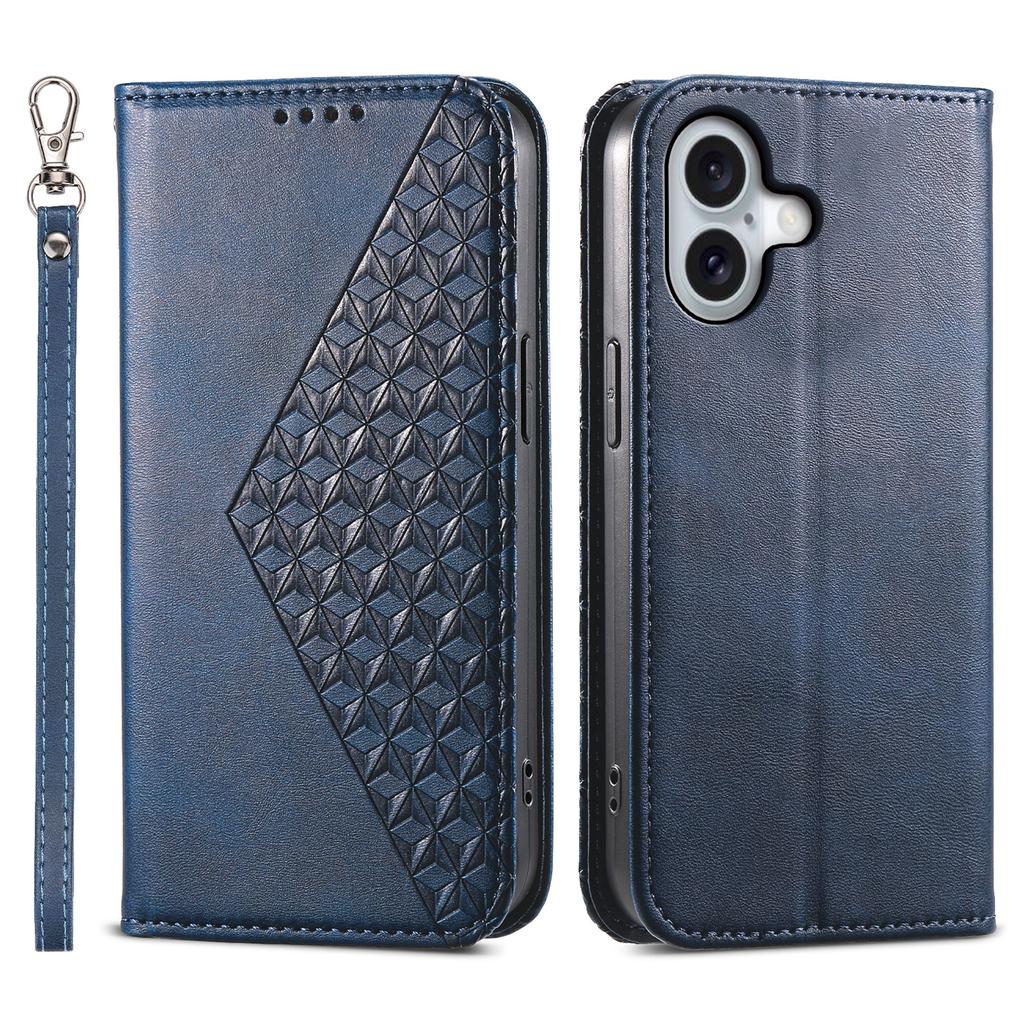 For iPhone 16 Wallet Case Calf Texture PU Leather Phone Cover with Strap