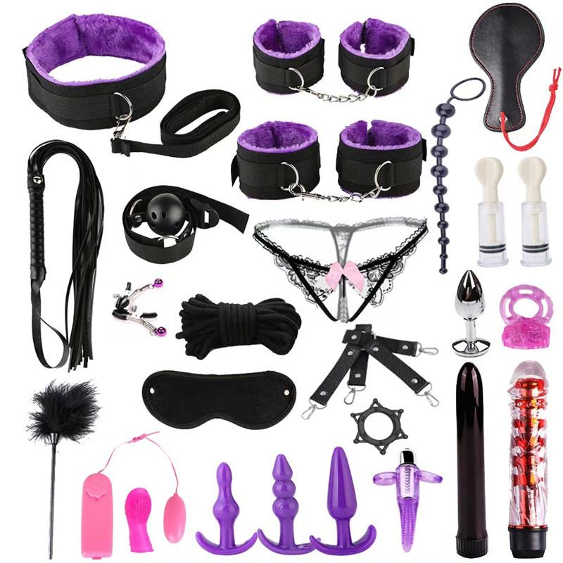 26pcs Bondage Set Plush Red Handcuffs Whip Slave Games Anal Plug Couple Sex Toys Fetish Bondage Gear for Husband and Wife