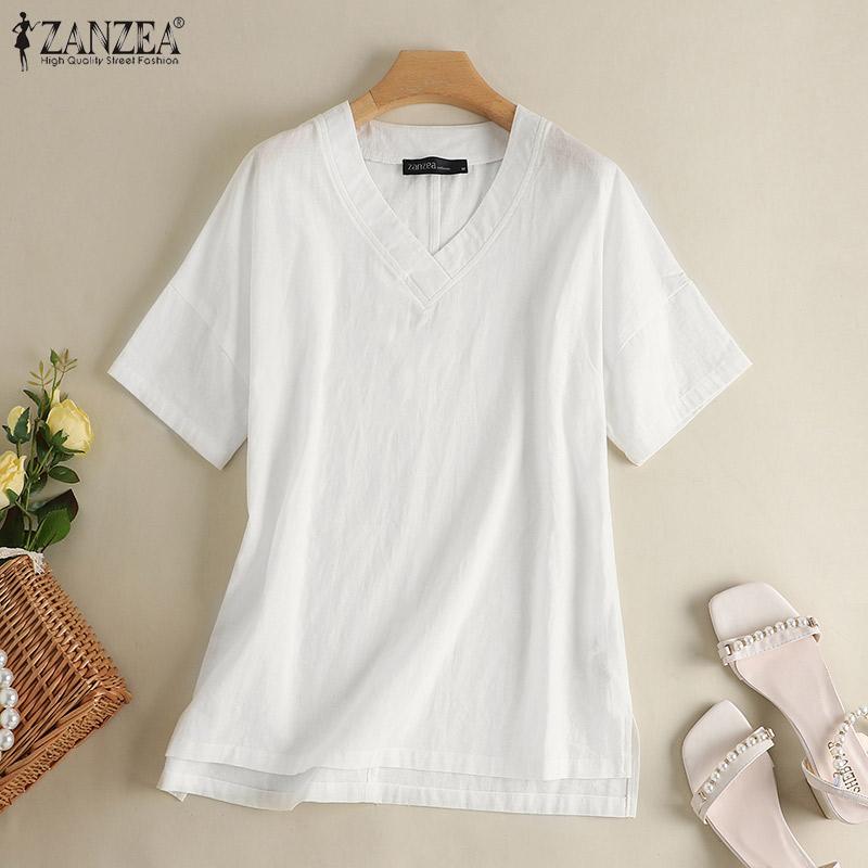 

ZANZEA Женщины Повседневный V-образный вырез с коротким рукавом Футболка Сплошной цвет Летняя блузка Топы