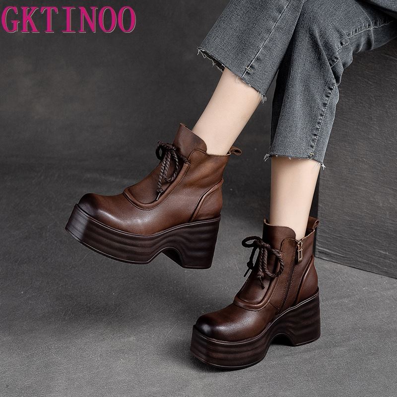 Fashion GKTINOO 7cm Woman Cow Genuine Leather Autumn Ankle Boots Spring Booties Ethnic Rero Moccasins Platform Wedge Chunky Heels Shoes