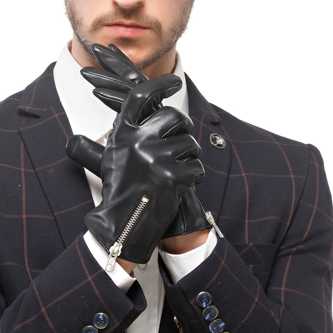 

Nappaglo Leather Sheepskin Gloves with Smartphone Handmade Driving Gloves with Long Fleece Lining Smartphone Men s Zipper, Compatible, (XL, Black,