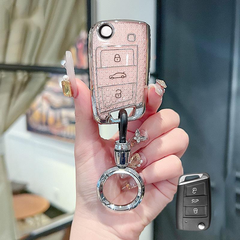 Pink Diamond For Vw Golf 7 Mk 7 Skoda Octavia Seat Leon Ateca Flip Folding Remote Car Key Case Cover Fob Keychain Accessories