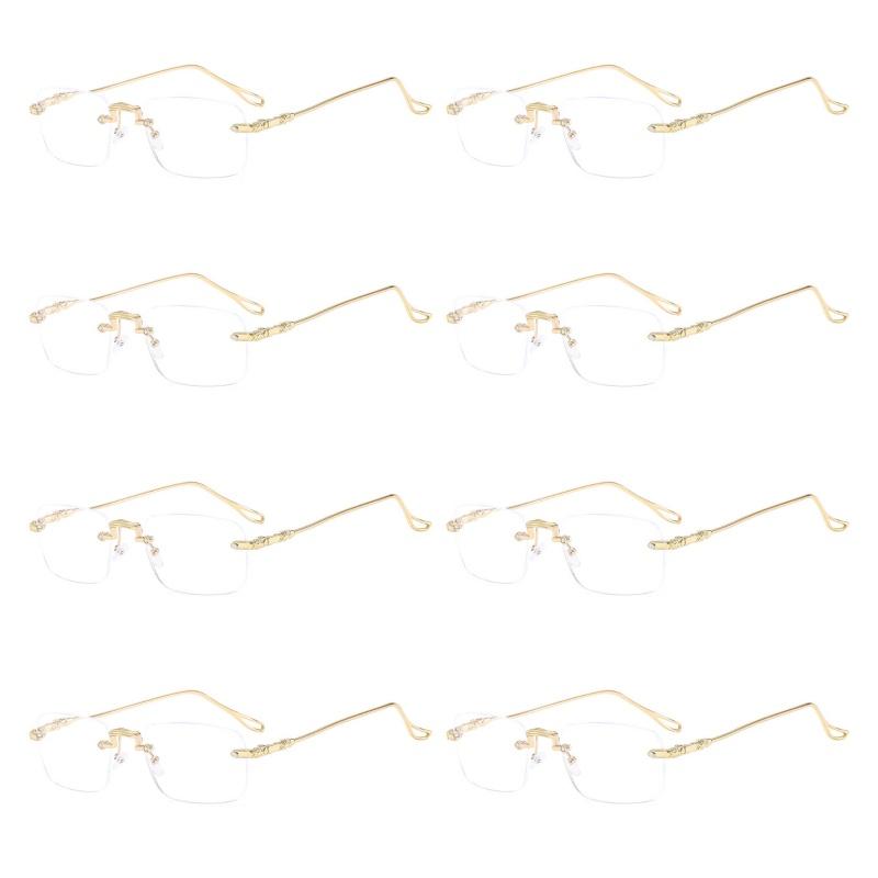 8PCS Elegant Rimless Reading Glasses for Men and Women Rectangular Frame Shape with Anti-Blue Light Polycarbonate Lenses