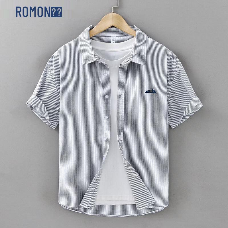 ROMON Men s Summer Short Sleeve Striped Shirt 3XL