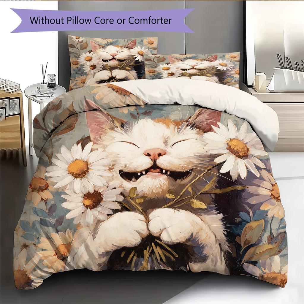 Cat Holding Flowers Pattern Bedding Quilt Set Home Decoration Gift (1 * Duvet Cover + 2 * Pillowcase, Without Core)
