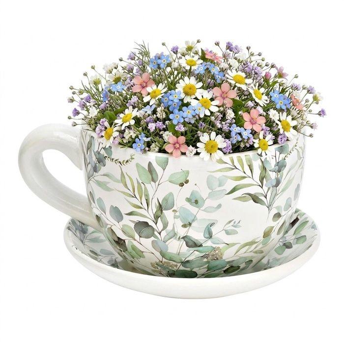 Pot de fleurs - EDEN - En forme de tasse - Décor eucalyptus - Céramique - 15 x 20 cm