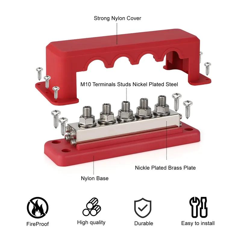 Bus Bar Terminal Block Car M10 5 Way Busbar Terminal Block Power Distribution Block For RV Car Boat Yacht Truck 600A 12V-48V DC