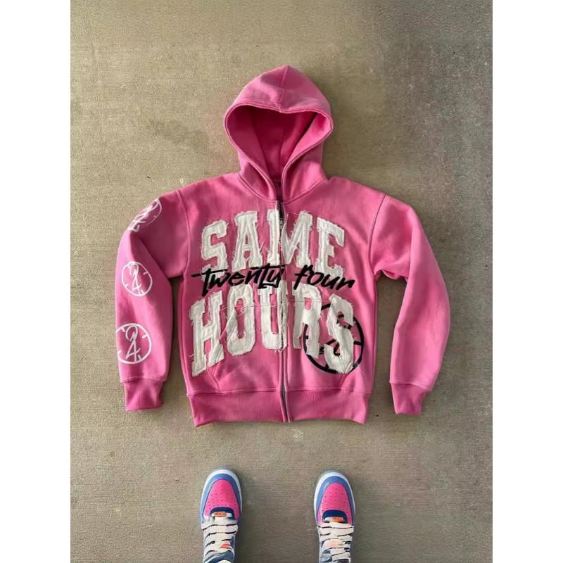 Vintage Letter Patch Print Hooded Cardigan Loose Fit Streetwear Women