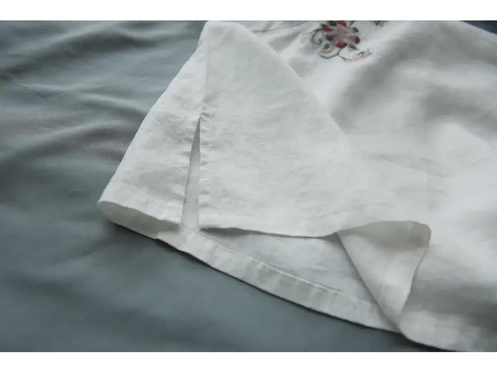 Chinese-Style Retro Cotton-Linen Mid-Sleeve Shirt with Stand-Up Collar and Embroidered Tea Service Design for Women.