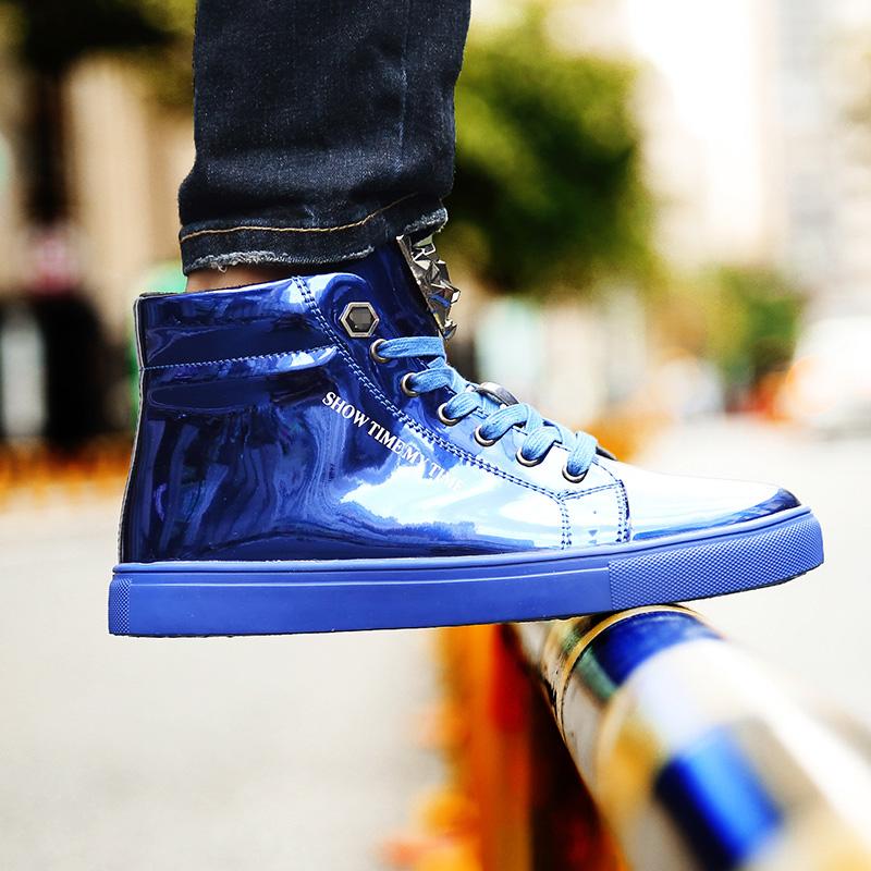 Spring Classic British Style Shiny Mens Shoes Casual Streetwear Fashion Blue Hip-hop High Top Sneakers Men Casual Glitter Shoes