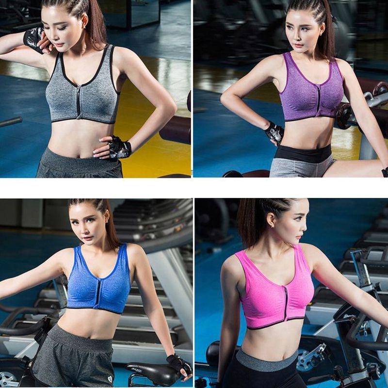 Womens Zip Front Wireless Padded Sports Bra Yoga Cami Push Up Support Top Vests