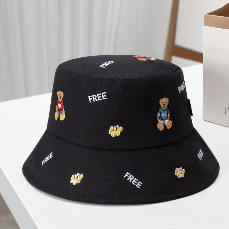 Hat female embroidery cartoon bear bucket hat versatile sunscreen sun hat student face cover spring and autumn basin hat tide