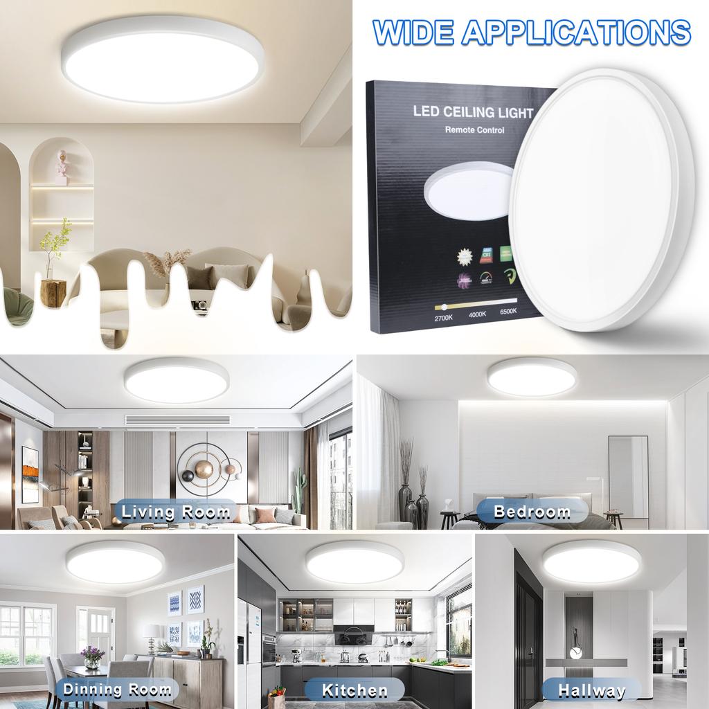 Modern LED Ceiling Lamp 85-264V Waterproof Dustproof Tricolor Dimmable Light Fixture with Remote Control for Living Room Bedroom Kitchen Home Decor
