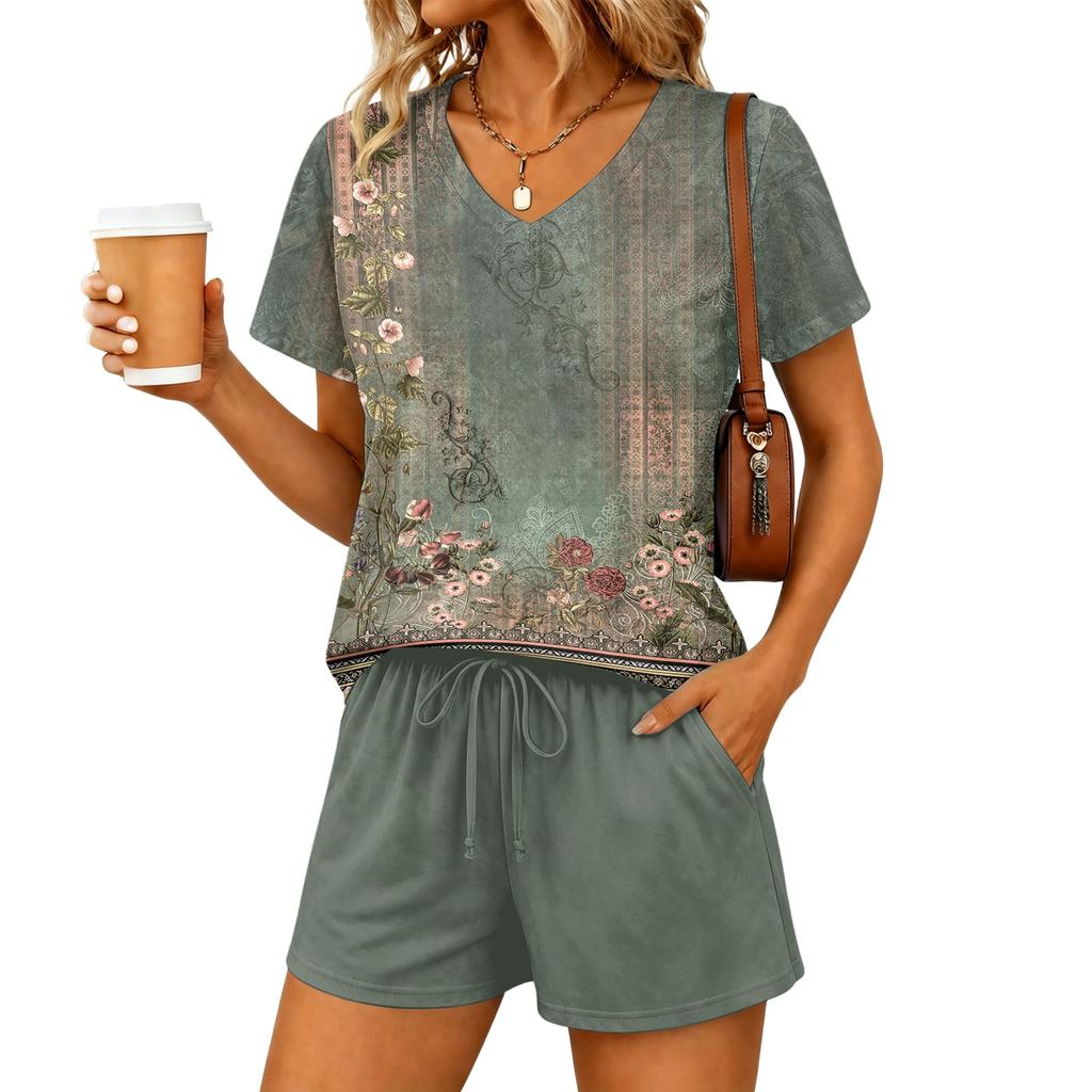 Women Two Piece Set V Neck Short Sleeve Top with Floral Print and Elastic Waist Drawstring Shorts Casual Lounge Wear
