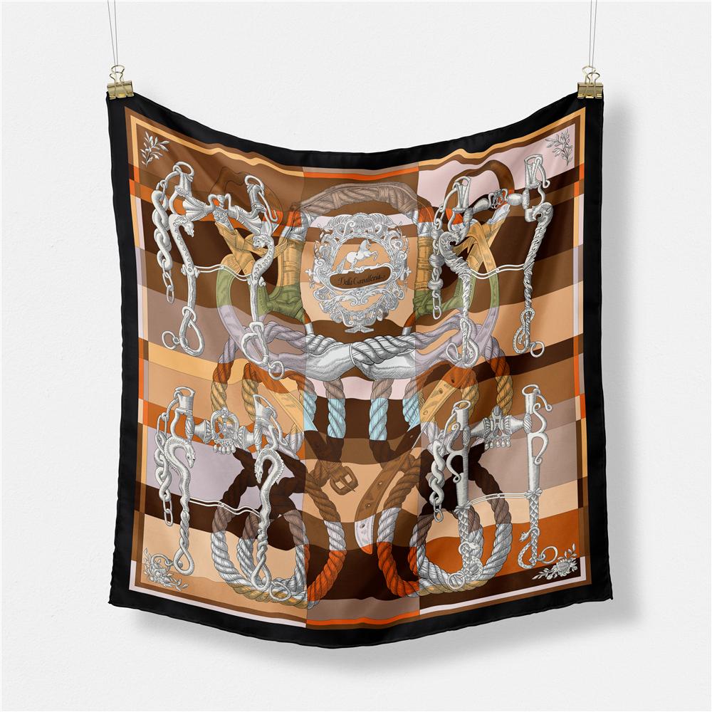 Twill Silk Scarf Woman Rope Chain Painting Square Scarves Wraps Bandana Small Hijab Silk Foulards Tie Headband Neckerchief 53CM
