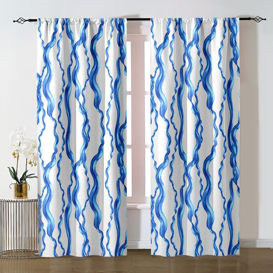 Set Of 2 Blue White Watercolor Wavy Curtains Fresh Ocean Style Living Room Bedroom Drawbar Pocket Window Decoration Curtain Polyester Perfect For Area