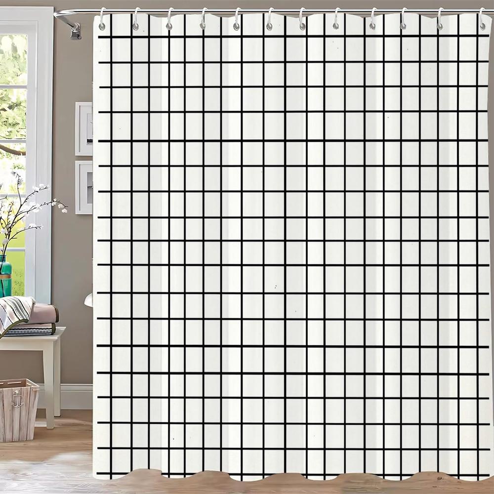 Black and White Plaid Pattern Shower Curtain Abstract Bohemian Fabric Shower Curtain with Hooks Waterproof Bathroom Decoration