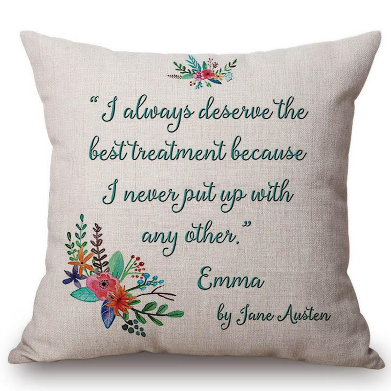 18" Square Floral Jane Austen Quotation Letter Print Sofa Throw Pillow Cover Case Cotton Linen Nordic Masterpiece Cushion Cover