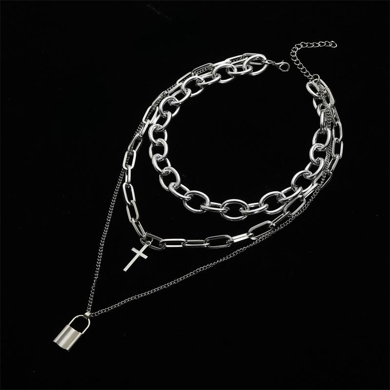 FNQUFUJ Layered Grunge Aesthetic Jewelry  Punk Chain Necklace for Women Men Lock Cross Pendant  Choker  Chains Goth Accessory