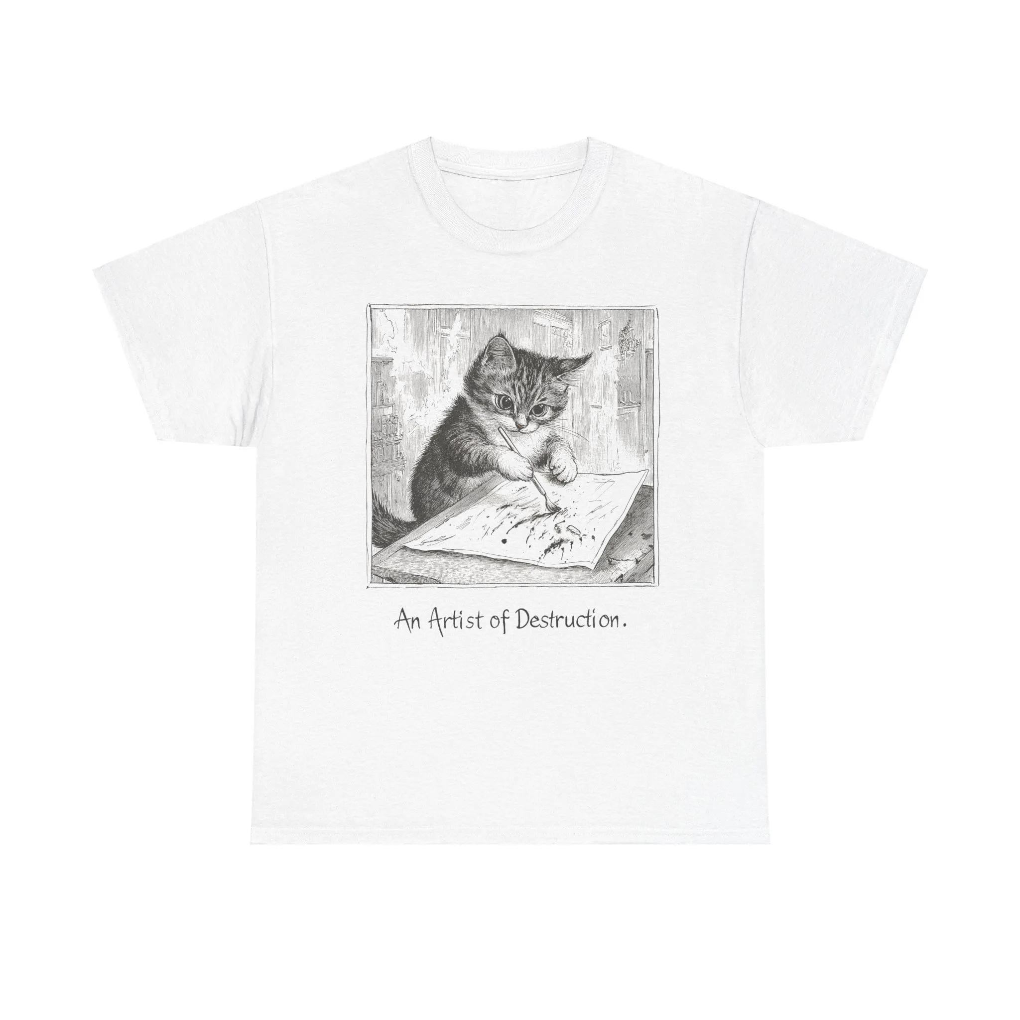 Mischievous Artistic Cat Art Tee Funny Vintage Graphic Kitten Cat Shirt Vintage Cat Illustration Retro T-Shirt Men Clothing S