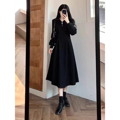 Premium Black Half-zipper Sweater Dress Women's Autumn and Winter Large Size Fat Mm Thin European Temperament Backing Skirt